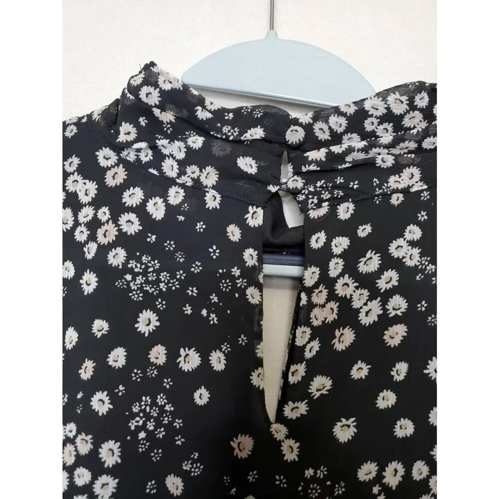 Karl Lagerfeld Paris Floral High Neck Key Hole Balloon Sleeve Semi Sheer Blouse